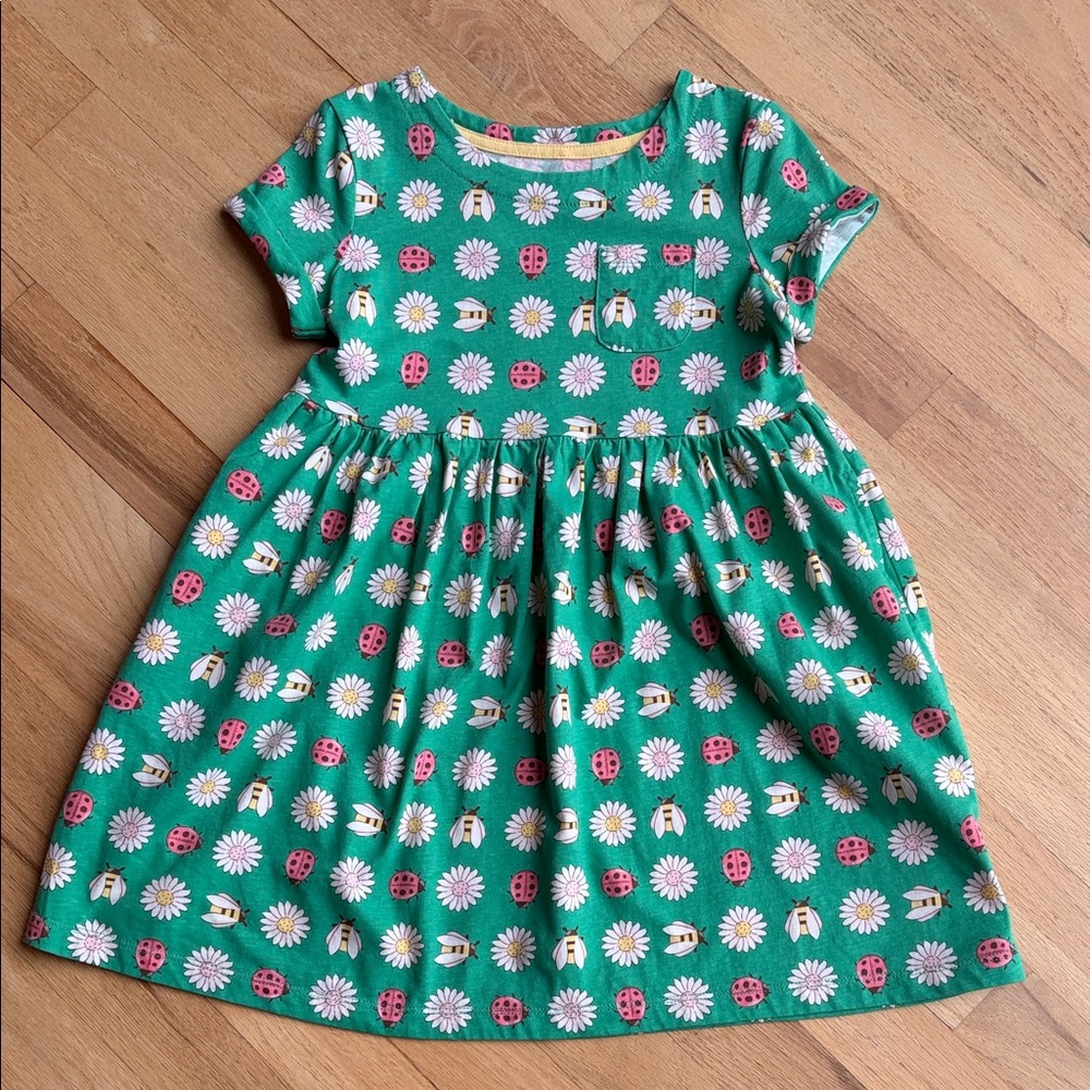 Mini Boden Green Daisy & Ladybug Short Sleeve Jersey Dress, 5-6Y